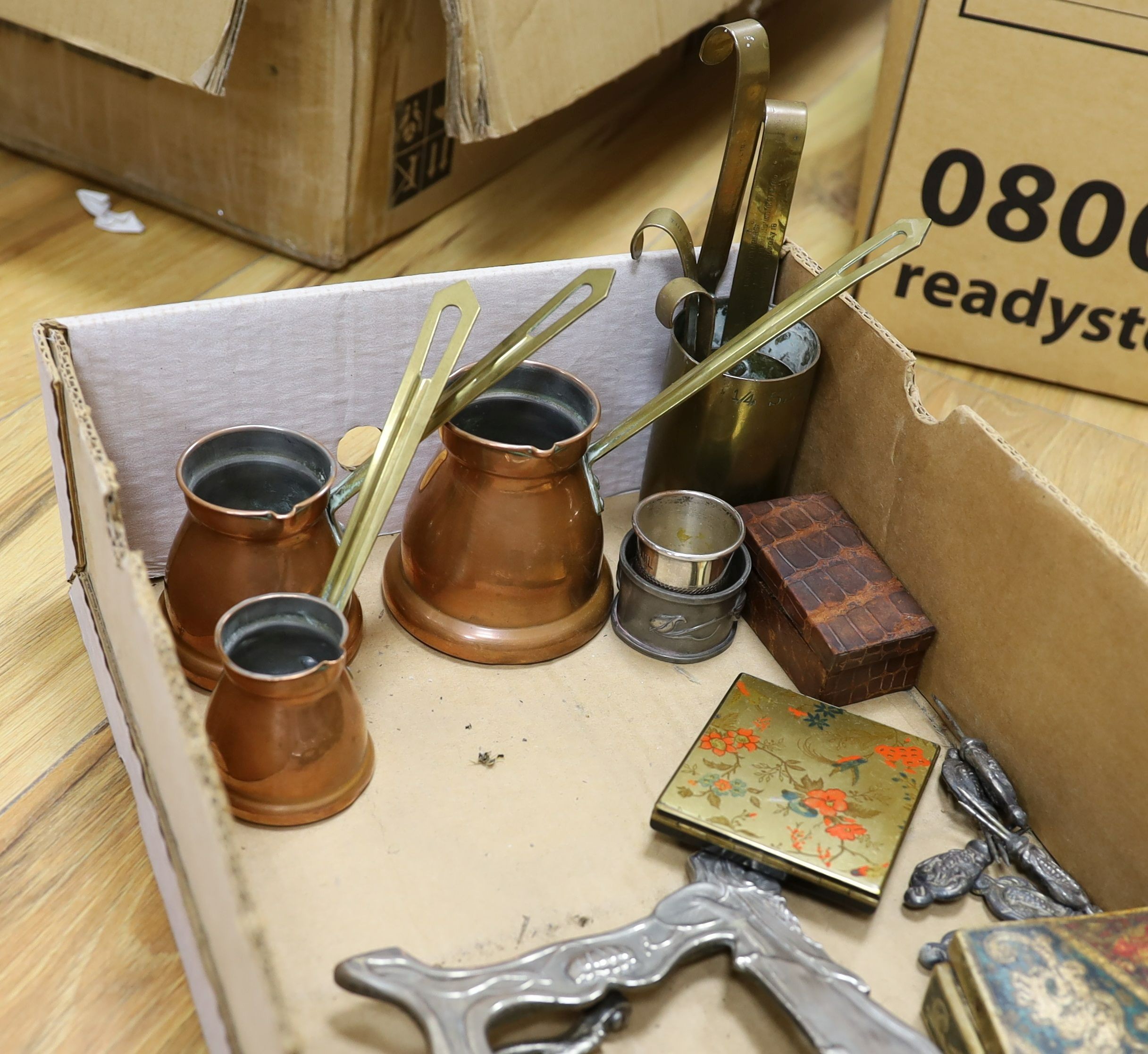 A silver plated meat dome, brass and copper measures, ship in a bottle, mixed collectables